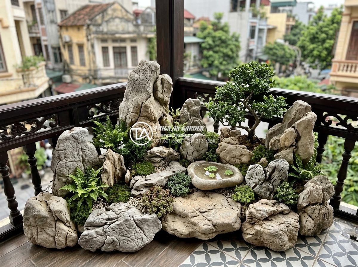 7 Sai lầm phổ biến khiến tiểu cảnh ban công nhanh hỏng và cách khắc phục - Professionally engineered lightweight natural stone arrangement on a balcony res