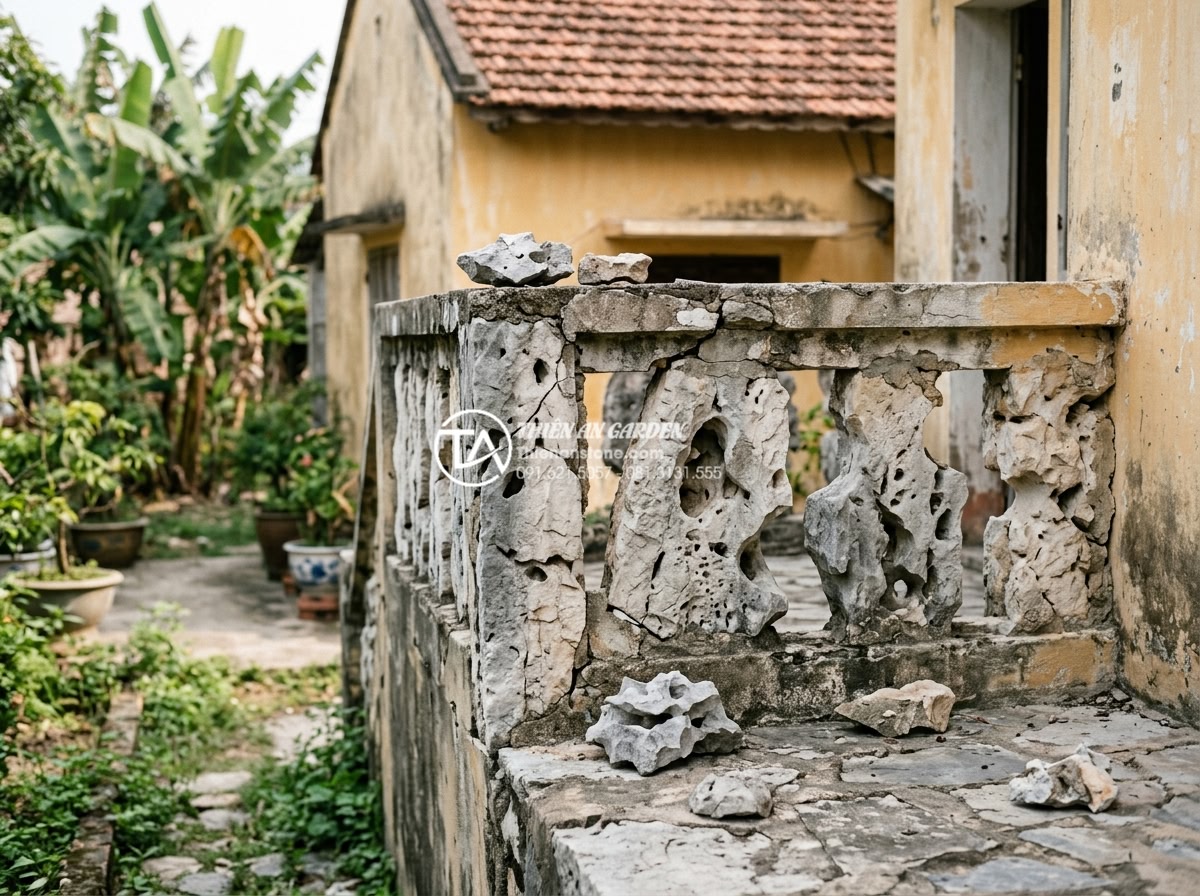 7 Sai lầm phổ biến khiến tiểu cảnh ban công nhanh hỏng và cách khắc phục - Low-quality construction of stone balcony scene showing loose rocks, visible gap