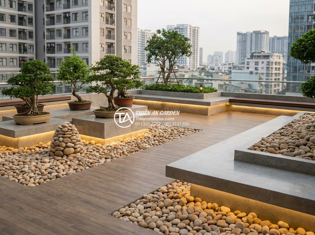99+ Mẫu tiểu cảnh sân thượng đẹp và hiện đại nhất xu hướng 2026 - Modern 2026 terrace garden featuring natural stone sculptures, minimalist bonsai