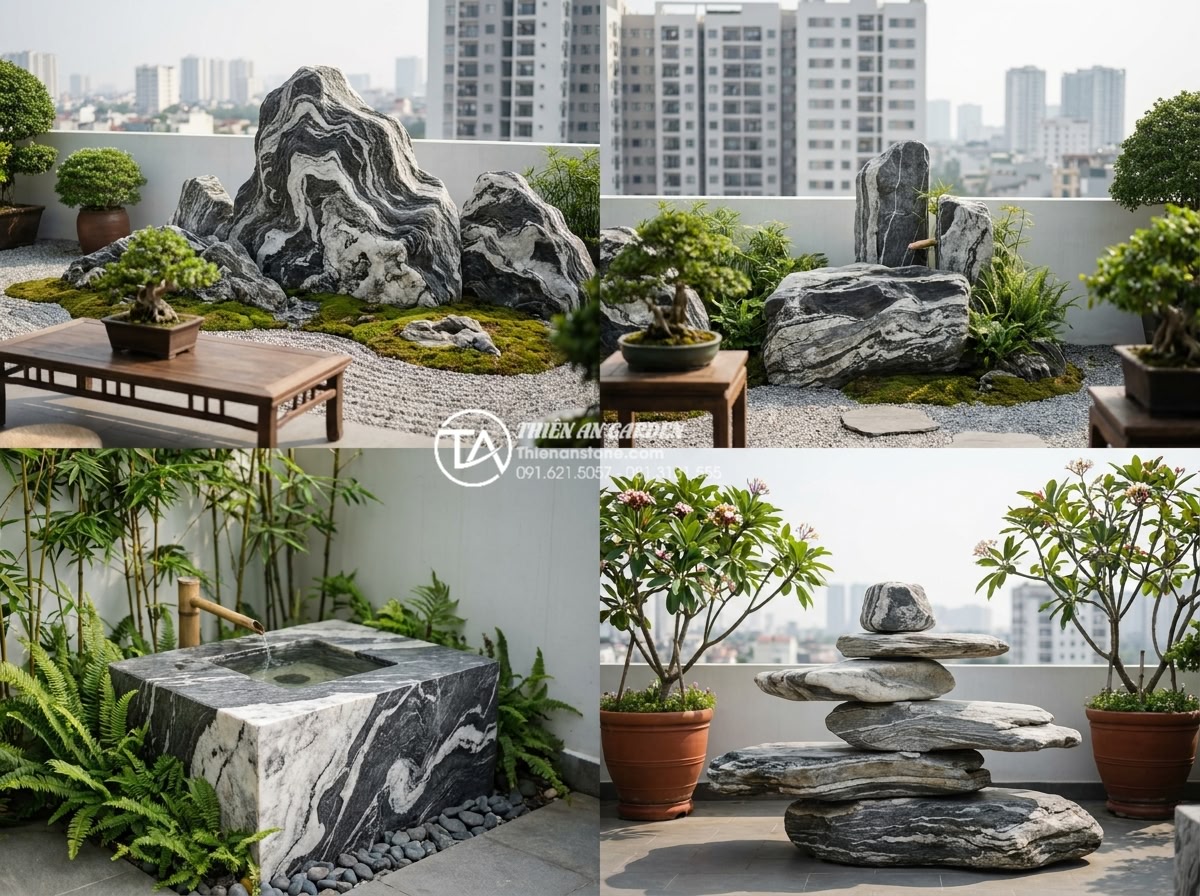 99+ Mẫu tiểu cảnh sân thượng đẹp và hiện đại nhất xu hướng 2026 - Diverse selection of modern rooftop Zen gardens with premium stone elements and 