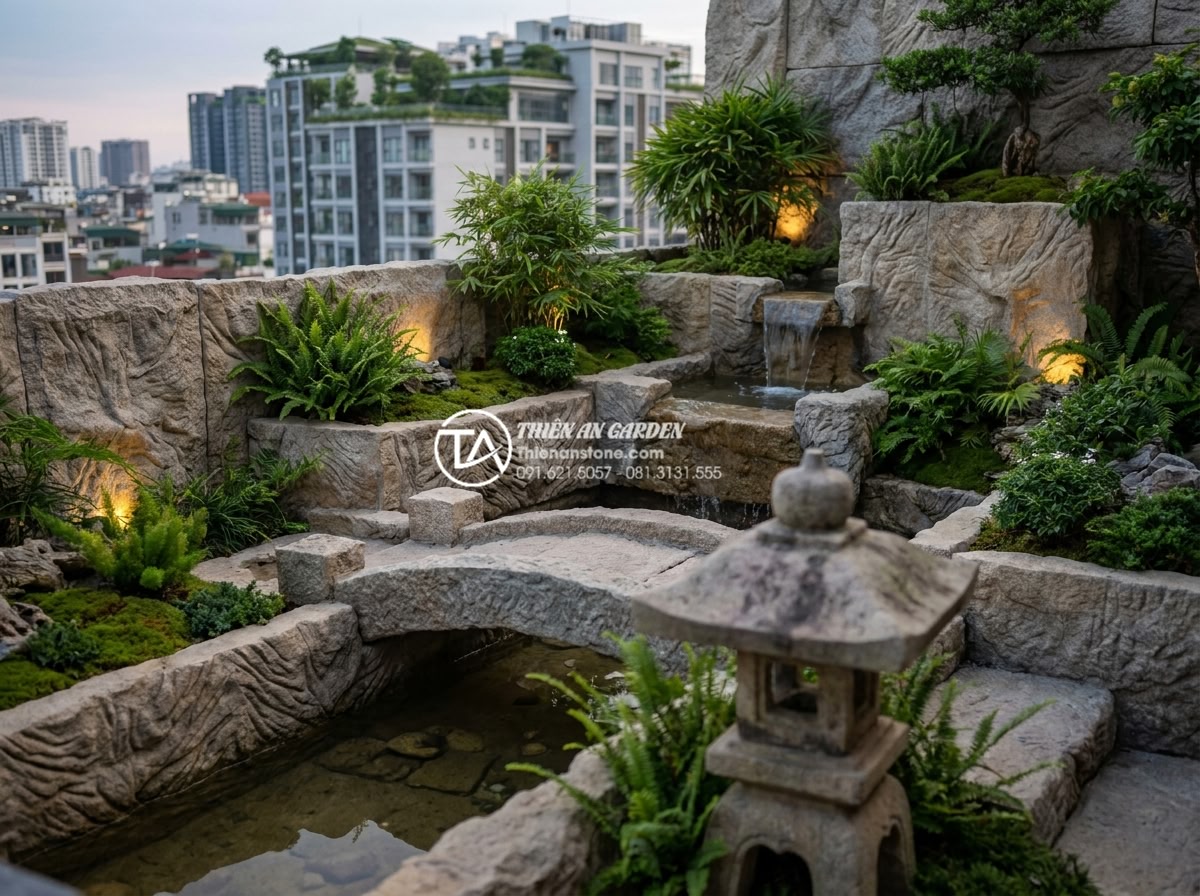 99+ Mẫu tiểu cảnh sân thượng đẹp và hiện đại nhất xu hướng 2026 - Futuristic 2026 rooftop mini landscape with carved stone elements, water feature