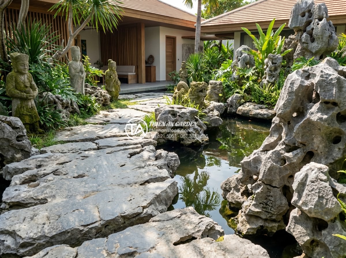 99+ Mẫu tiểu cảnh sân thượng đẹp và hiện đại nhất xu hướng 2026 - Luxurious terrace with natural stone pathways, koi pond integration, and carved 