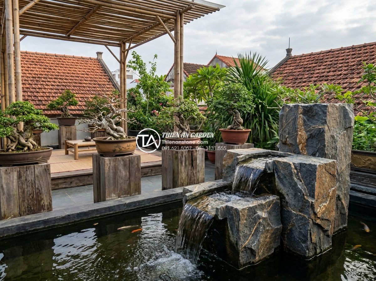 99+ Mẫu tiểu cảnh sân thượng đẹp và hiện đại nhất xu hướng 2026 - Serene rooftop sanctuary using premium natural stones, bonsai trees, and water e