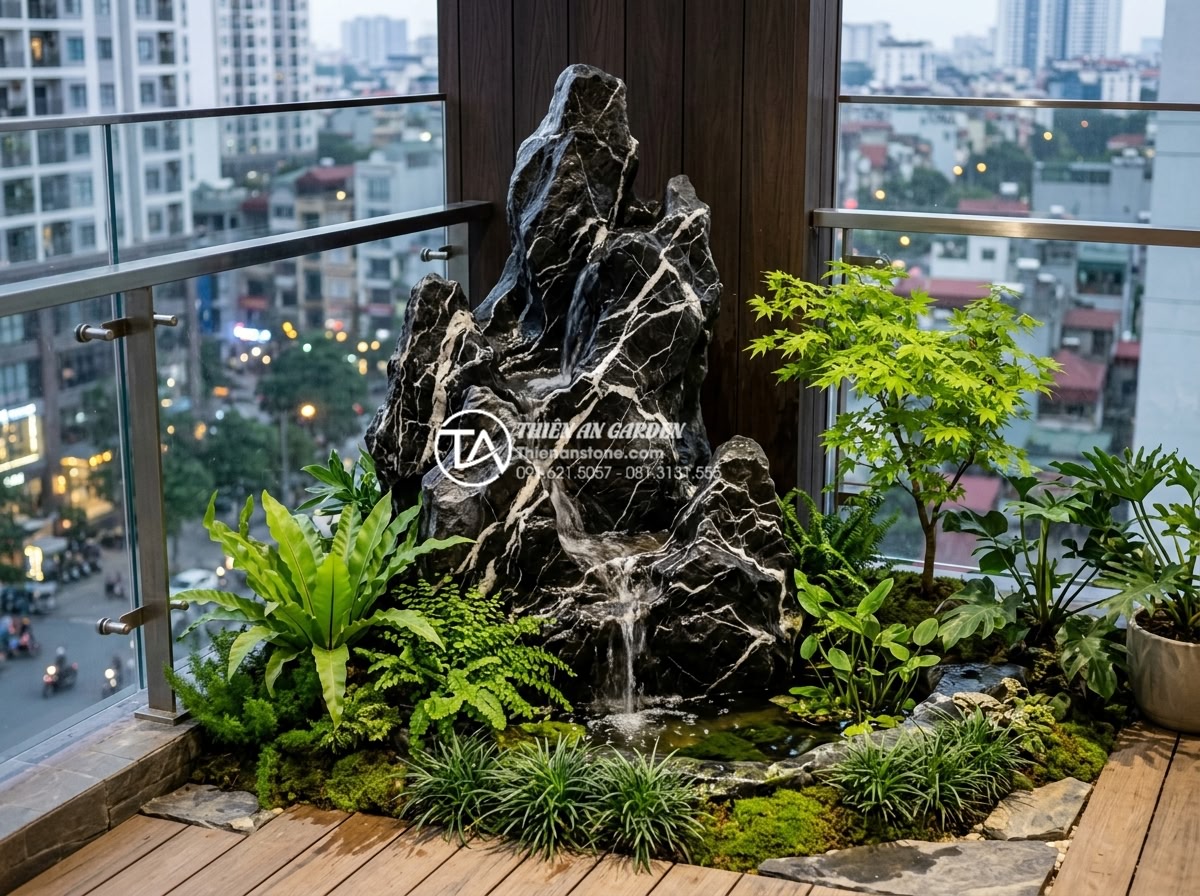 Báo giá thi công tiểu cảnh ban công trọn gói năm 2026 - Elegant modern balcony mini landscape featuring natural stone boulders, small wa