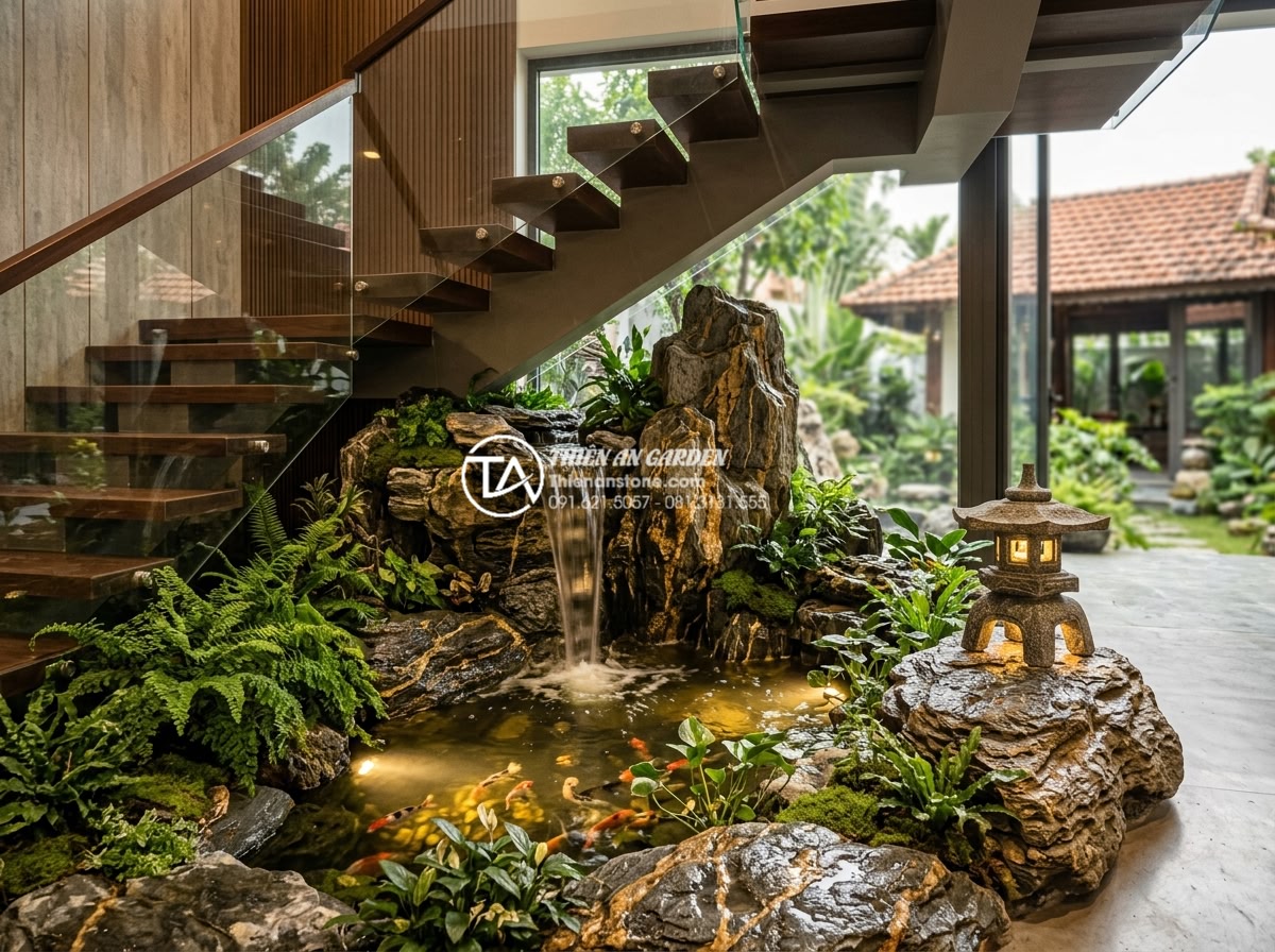 Báo giá thi công tiểu cảnh dưới gầm cầu thang trọn gói mới nhất 2026 - High-resolution architectural photograph of a luxurious natural stone under-stai