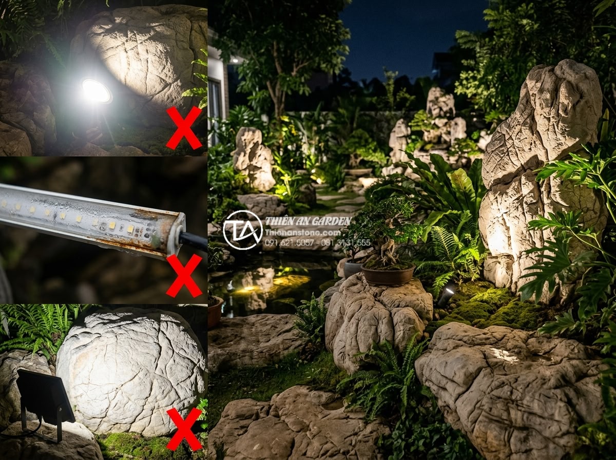 Bí quyết bố trí hệ thống đèn LED giúp tiểu cảnh gầm cầu thang lung linh về đêm - Professional warning-style image illustrating common LED placement errors in sto