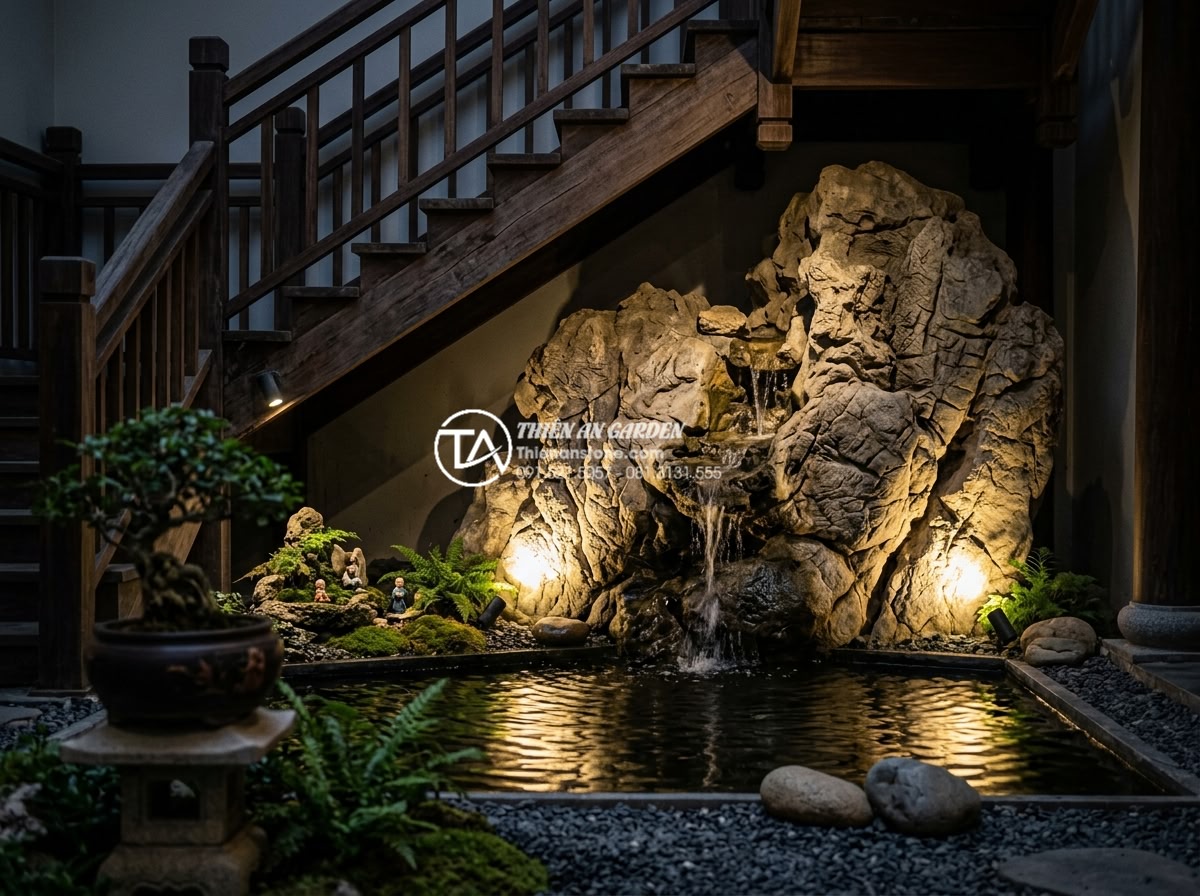 Bí quyết bố trí hệ thống đèn LED giúp tiểu cảnh gầm cầu thang lung linh về đêm - Nighttime architectural photography showing multiple LED spotlights dramatically