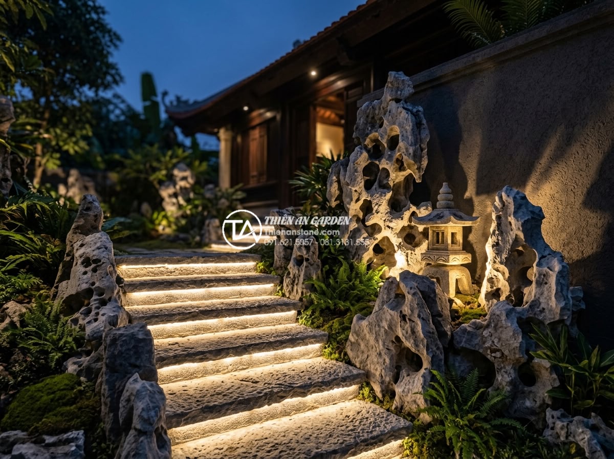Bí quyết bố trí hệ thống đèn LED giúp tiểu cảnh gầm cầu thang lung linh về đêm - Professional architectural night shot of cleverly hidden LED lighting under stai