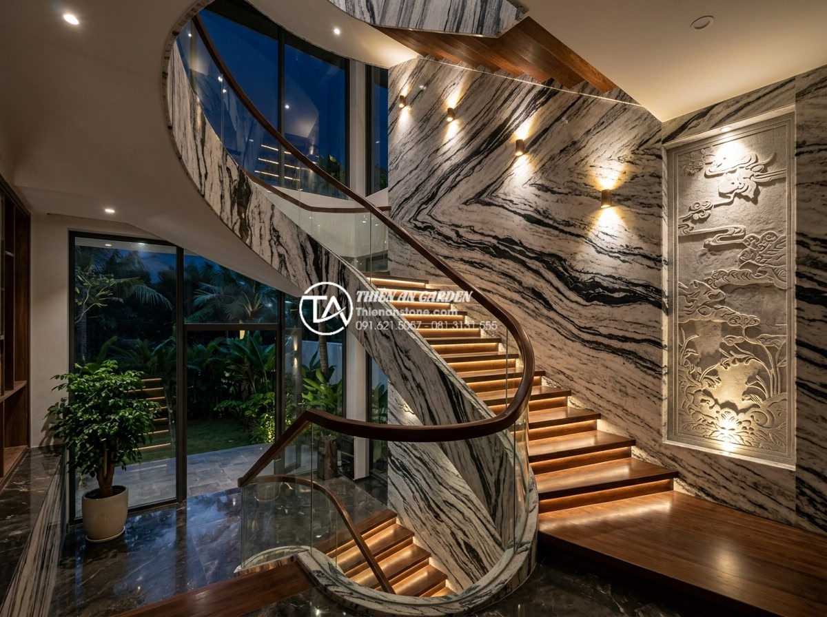 Bí quyết bố trí hệ thống đèn LED giúp tiểu cảnh gầm cầu thang lung linh về đêm - Wide angle realistic night photograph of multi-layered LED lighting system under