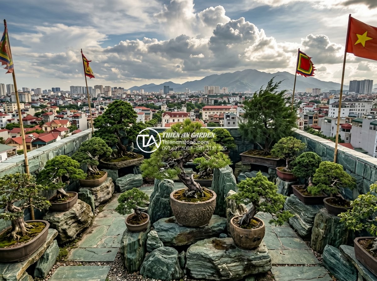 Bí quyết chọn cây bonsai cho tiểu cảnh sân thượng luôn xanh tốt - Wide angle photorealistic view of a windy rooftop terrace bonsai garden in Vietn