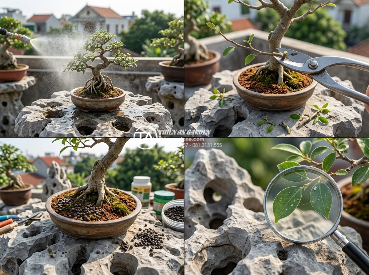 Bí quyết chọn cây bonsai cho tiểu cảnh sân thượng luôn xanh tốt - Step-by-step care routine illustration for rooftop bonsai showing watering with 