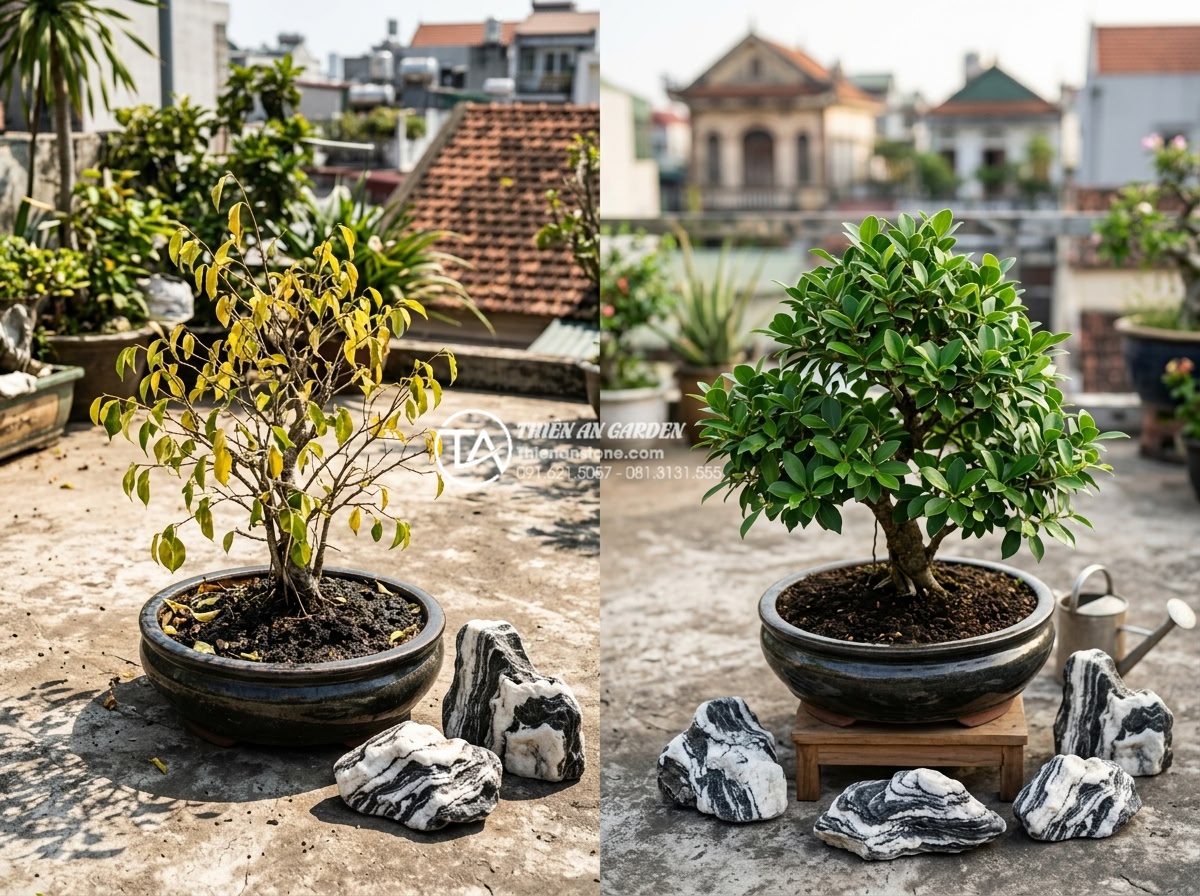 Bí quyết chọn cây bonsai cho tiểu cảnh sân thượng luôn xanh tốt - Educational before-and-after comparison of unhealthy bonsai with yellow leaves a