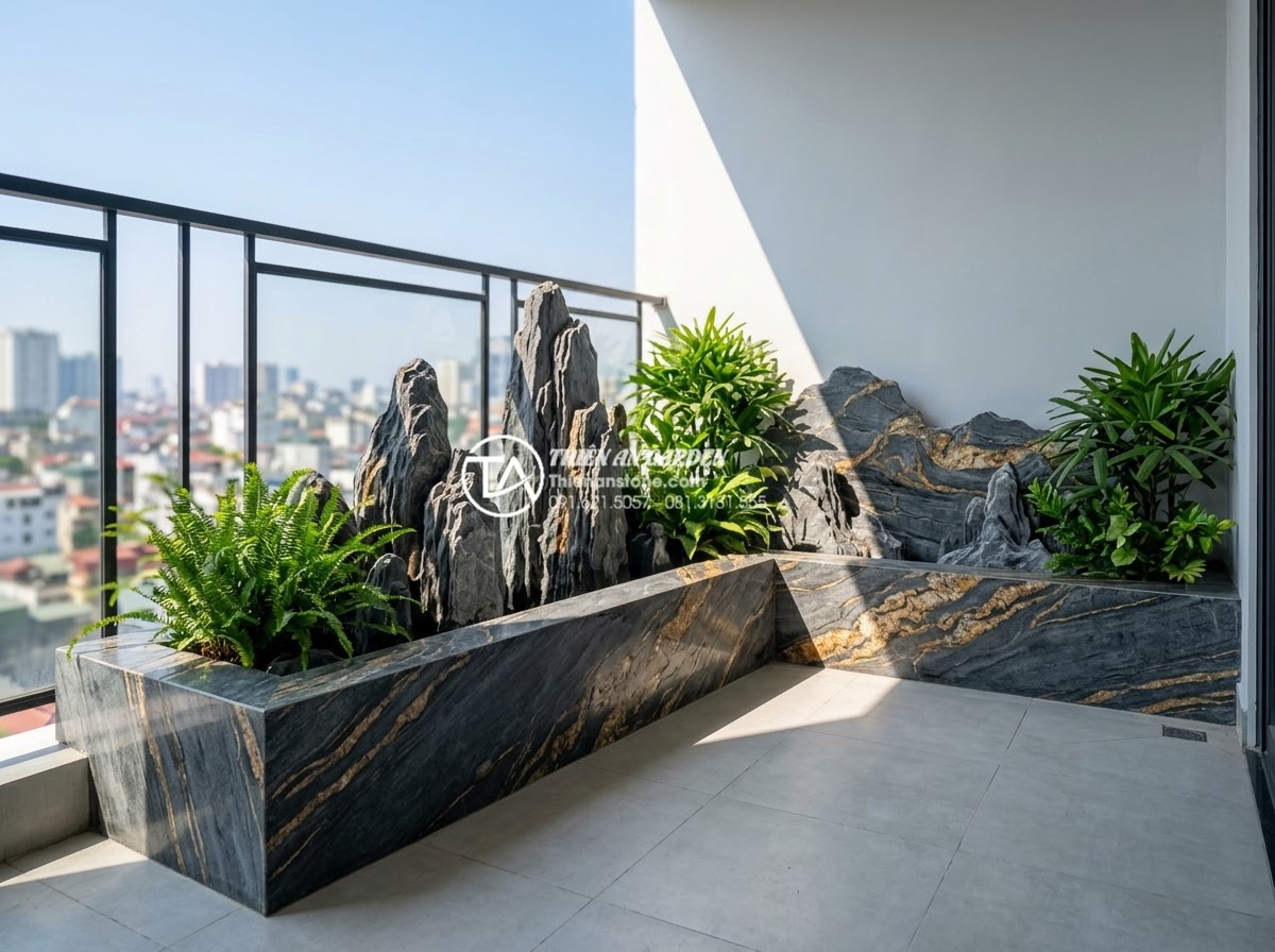 Bí quyết giữ cho đá trang trí ban công luôn sạch và không bị rêu mốc - Beautiful modern balcony with clean natural stone decorations under bright sunli