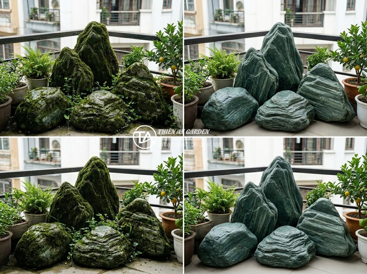 Bí quyết giữ cho đá trang trí ban công luôn sạch và không bị rêu mốc - Before and after images demonstrating successful moss removal from stone surface