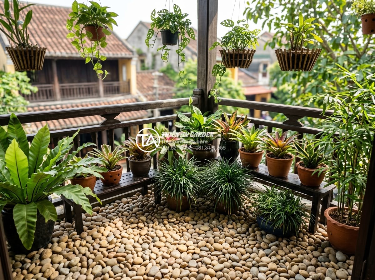 Bí quyết giữ cho đá trang trí ban công luôn sạch và không bị rêu mốc - Lush green balcony with well-maintained natural stones and plants arranged for o