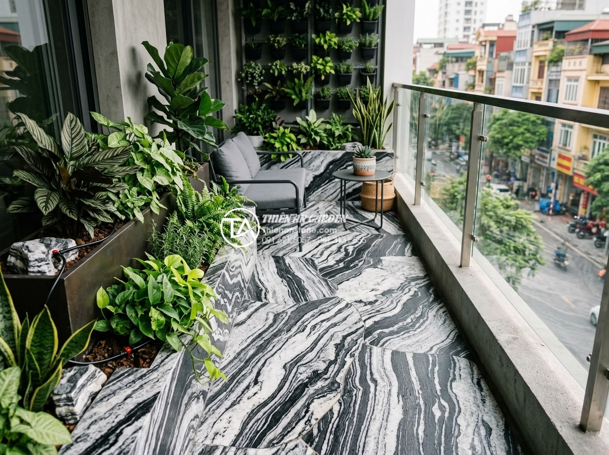 Bí quyết giữ cho đá trang trí ban công luôn sạch và không bị rêu mốc - Innovative mini garden balcony design incorporating pebble stones and decorative