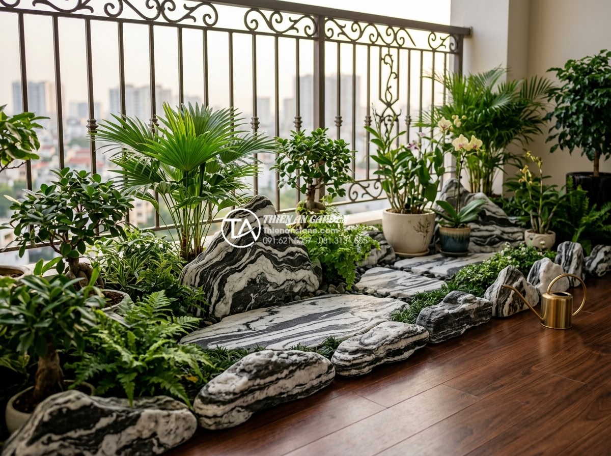 Bí quyết giữ cho đá trang trí ban công luôn sạch và không bị rêu mốc - Luxurious balcony garden featuring pristine decorative stones arranged artistica