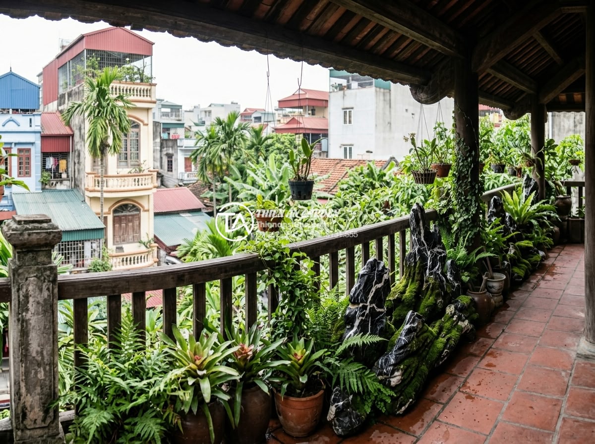 Bí quyết giữ cho đá trang trí ban công luôn sạch và không bị rêu mốc - Panoramic view of a shaded balcony where decorative stones are covered in green 