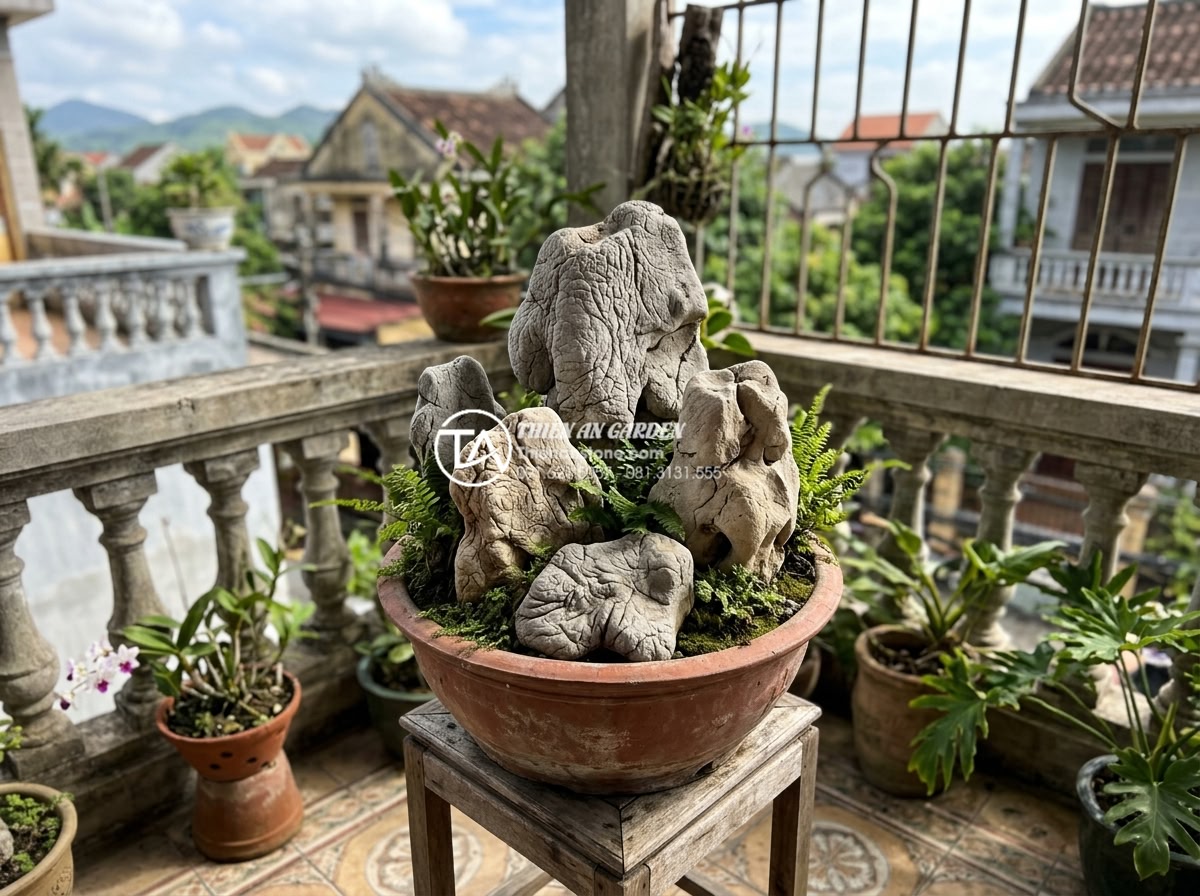 Bí quyết giữ cho đá trang trí ban công luôn sạch và không bị rêu mốc - Artistic display of different natural stone types used in balcony decoration, em