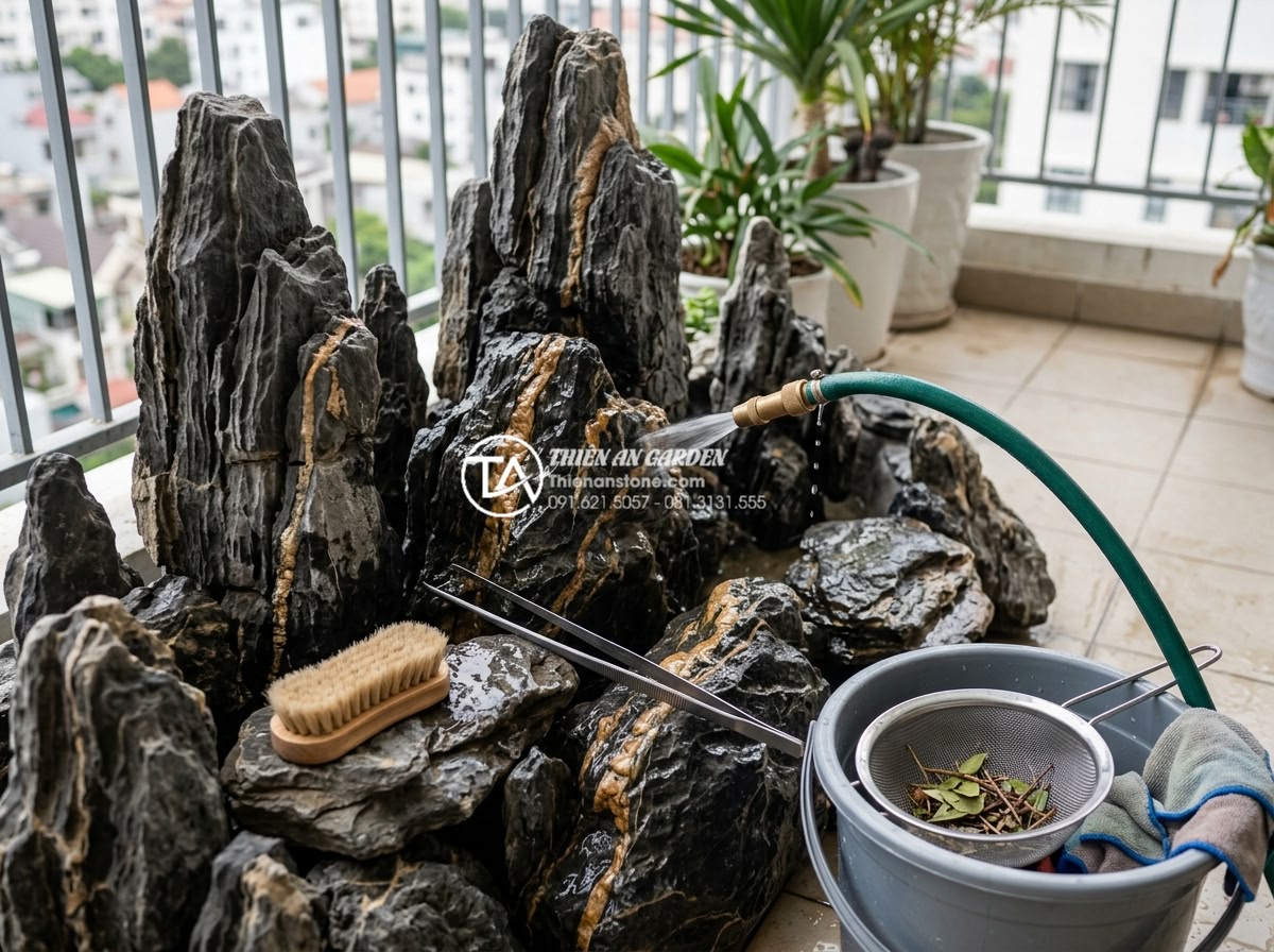 Bí quyết giữ cho đá trang trí ban công luôn sạch và không bị rêu mốc - Professional weekly maintenance routine showing tools and techniques for cleanin