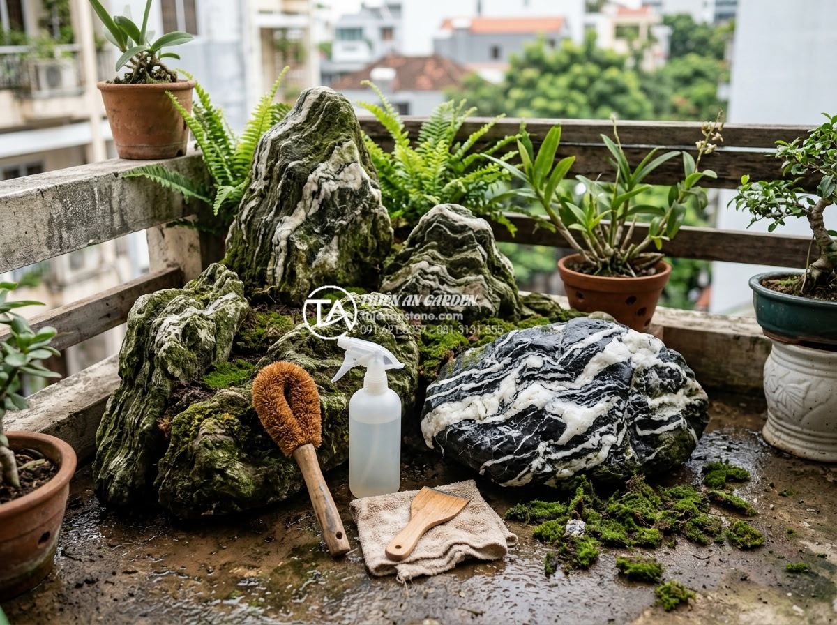 Bí quyết giữ cho đá trang trí ban công luôn sạch và không bị rêu mốc - Effective safe removal of moss from natural decorative stones on balcony using e