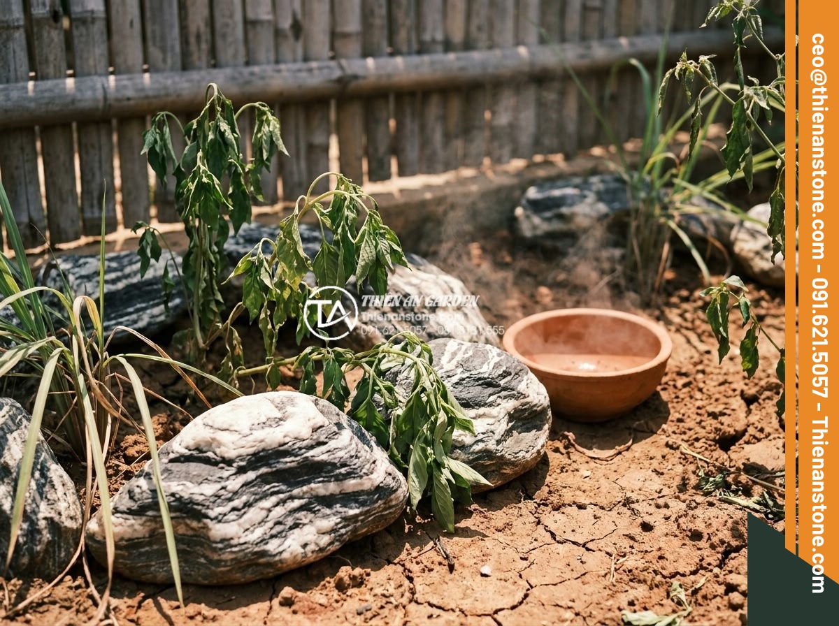 Bí quyết giữ độ ẩm cho cây trong tiểu cảnh góc sân vào mùa hè nắng nóng - Close-up view of a corner garden scene with wilting plants under intense summer