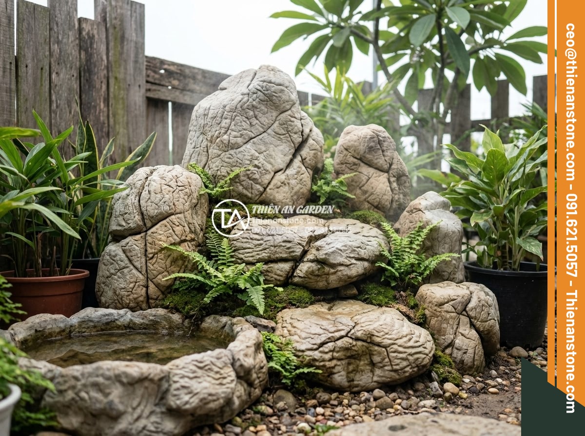 Bí quyết giữ độ ẩm cho cây trong tiểu cảnh góc sân vào mùa hè nắng nóng - Artistic stone arrangements in mini garden corner helping with humidity retentio