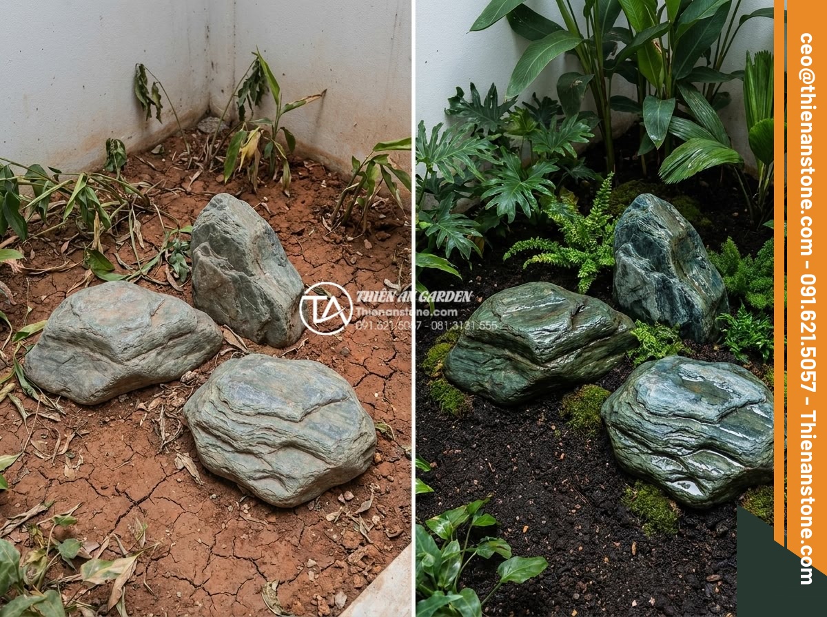 Bí quyết giữ độ ẩm cho cây trong tiểu cảnh góc sân vào mùa hè nắng nóng - Before and after soil improvement in corner landscape showing enhanced moisture 
