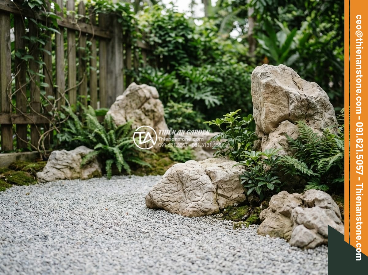 Bí quyết giữ độ ẩm cho cây trong tiểu cảnh góc sân vào mùa hè nắng nóng - Japanese Zen garden style corner scene with raked gravel, stones and minimal pla