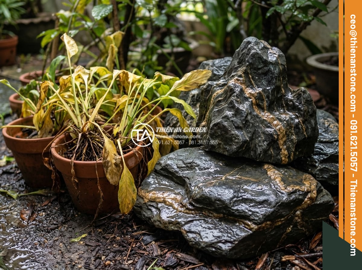 Bí quyết giữ độ ẩm cho cây trong tiểu cảnh góc sân vào mùa hè nắng nóng - Common mistakes in summer garden care like overwatering shown in corner scene wi