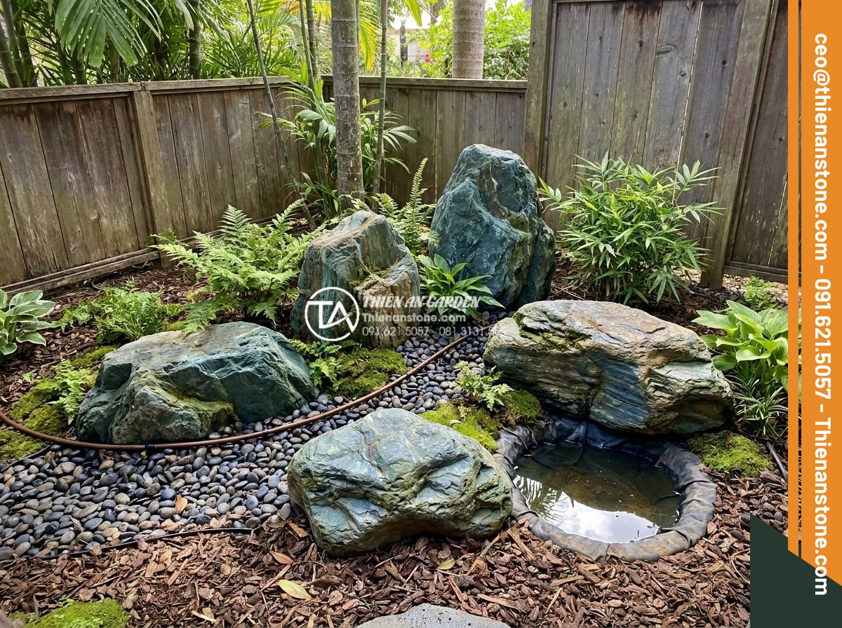 Bí quyết giữ độ ẩm cho cây trong tiểu cảnh góc sân vào mùa hè nắng nóng - Professional stone garden corner design by experts featuring advanced moisture r