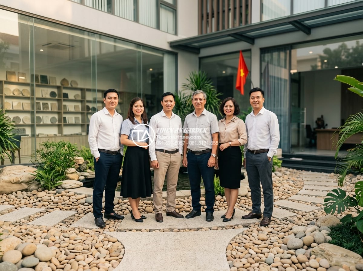 Bố trí tiểu cảnh giếng trời nhà ống và nhà phố: Tối ưu ánh sáng và gió - Hình 10 Bố trí tiểu cảnh giếng trời nhà ống và nhà phố: Tối ưu ánh sáng và gió - Professional team photo of Đá Cảnh Thiên An experts standing in front of a compl