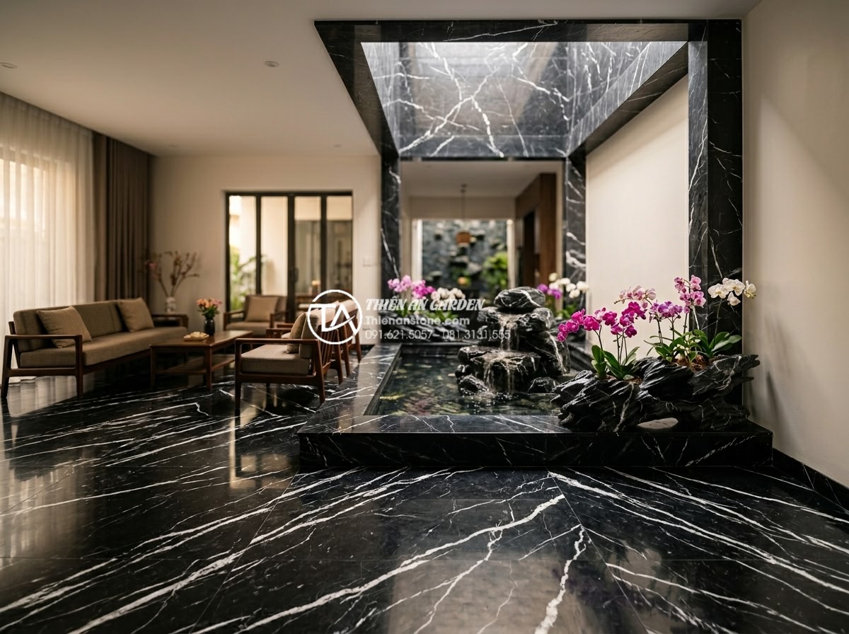 Bố trí tiểu cảnh giếng trời nhà ống và nhà phố: Tối ưu ánh sáng và gió - Hình 2 Bố trí tiểu cảnh giếng trời nhà ống và nhà phố: Tối ưu ánh sáng và gió - High-resolution interior shot of a townhouse living room bathed in natural light