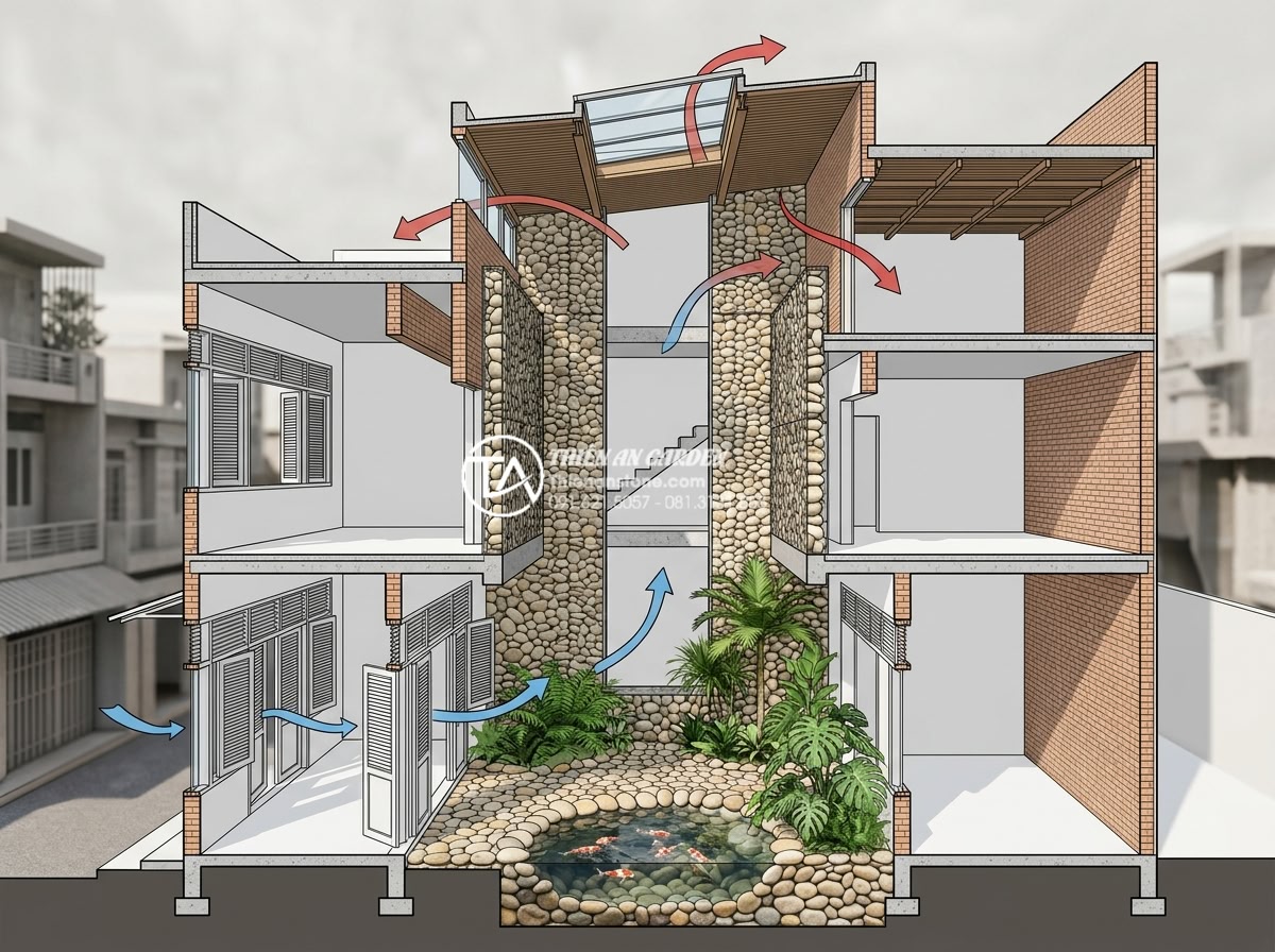 Bố trí tiểu cảnh giếng trời nhà ống và nhà phố: Tối ưu ánh sáng và gió - Hình 3 Bố trí tiểu cảnh giếng trời nhà ống và nhà phố: Tối ưu ánh sáng và gió - Detailed cross-section technical illustration combined with photorealistic rende