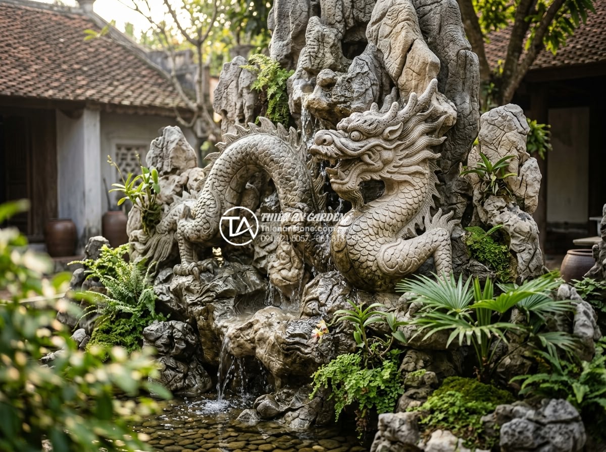 Bố trí tiểu cảnh giếng trời nhà ống và nhà phố: Tối ưu ánh sáng và gió - Hình 4 Bố trí tiểu cảnh giếng trời nhà ống và nhà phố: Tối ưu ánh sáng và gió - Close-up artistic photograph of hand-carved natural stone dragon sculpture integ