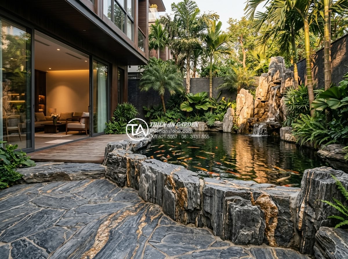 Bố trí tiểu cảnh giếng trời nhà ống và nhà phố: Tối ưu ánh sáng và gió - Hình 6 Bố trí tiểu cảnh giếng trời nhà ống và nhà phố: Tối ưu ánh sáng và gió - Luxury modern townhouse backyard stone courtyard with large infinity-edge koi po