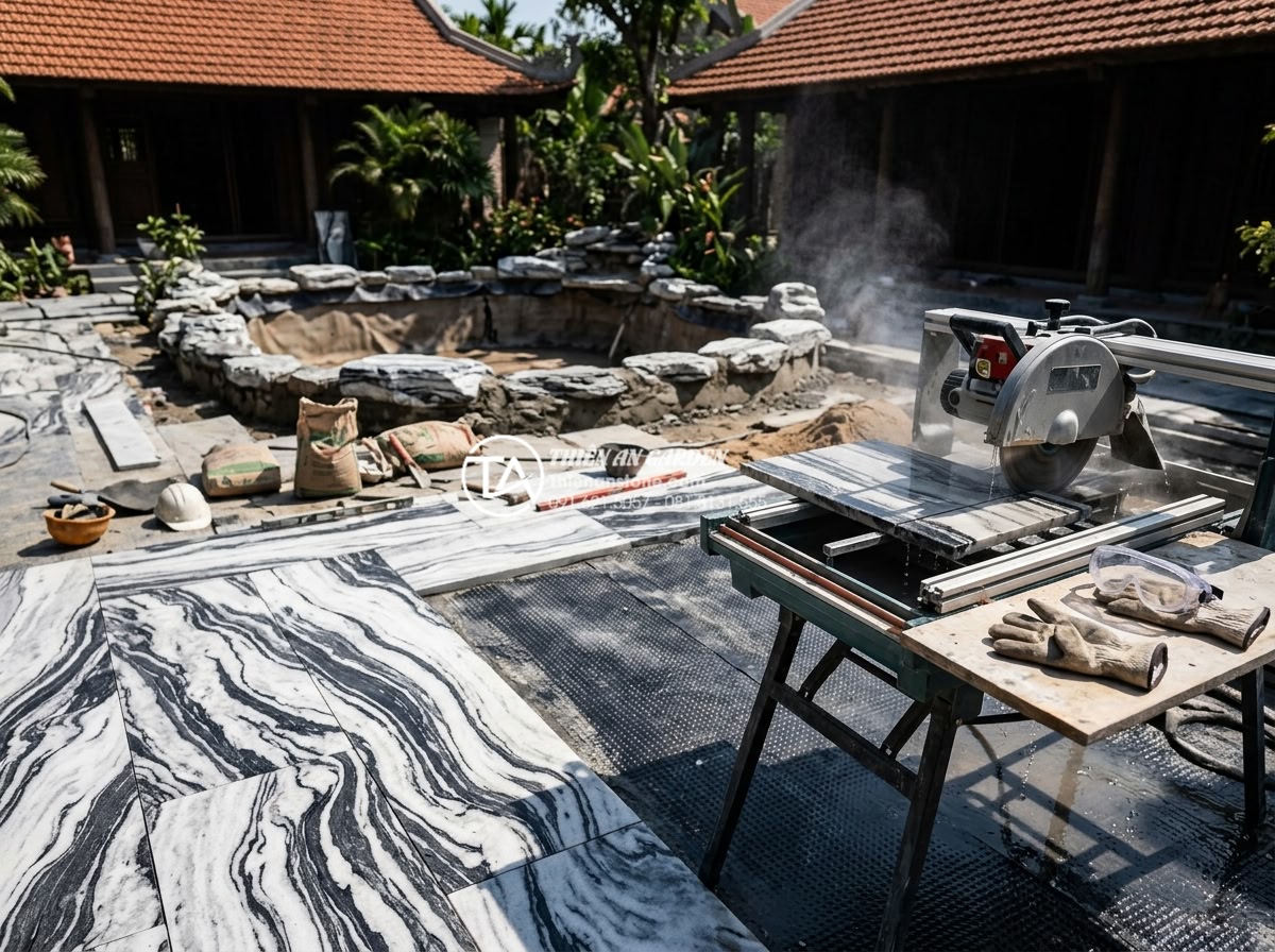 Bố trí tiểu cảnh giếng trời nhà ống và nhà phố: Tối ưu ánh sáng và gió - Hình 7 Bố trí tiểu cảnh giếng trời nhà ống và nhà phố: Tối ưu ánh sáng và gió - Professional construction site photo showing skilled artisans installing hand-se