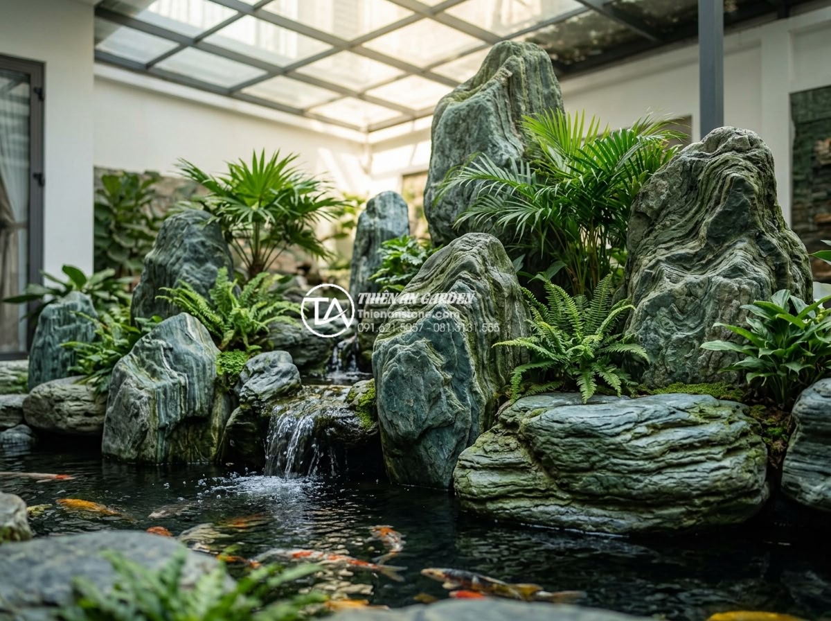 Bố trí tiểu cảnh giếng trời nhà ống và nhà phố: Tối ưu ánh sáng và gió - Hình 8 Bố trí tiểu cảnh giếng trời nhà ống và nhà phố: Tối ưu ánh sáng và gió - Serene courtyard scene with natural stone rockery non-bo featuring stacked grani
