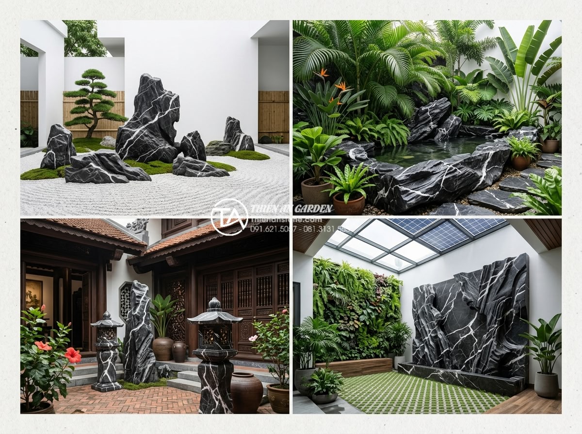 Bố trí tiểu cảnh giếng trời nhà ống và nhà phố: Tối ưu ánh sáng và gió - Hình 9 Bố trí tiểu cảnh giếng trời nhà ống và nhà phố: Tối ưu ánh sáng và gió - Collage of four different modern Vietnamese courtyard designs: minimalist white