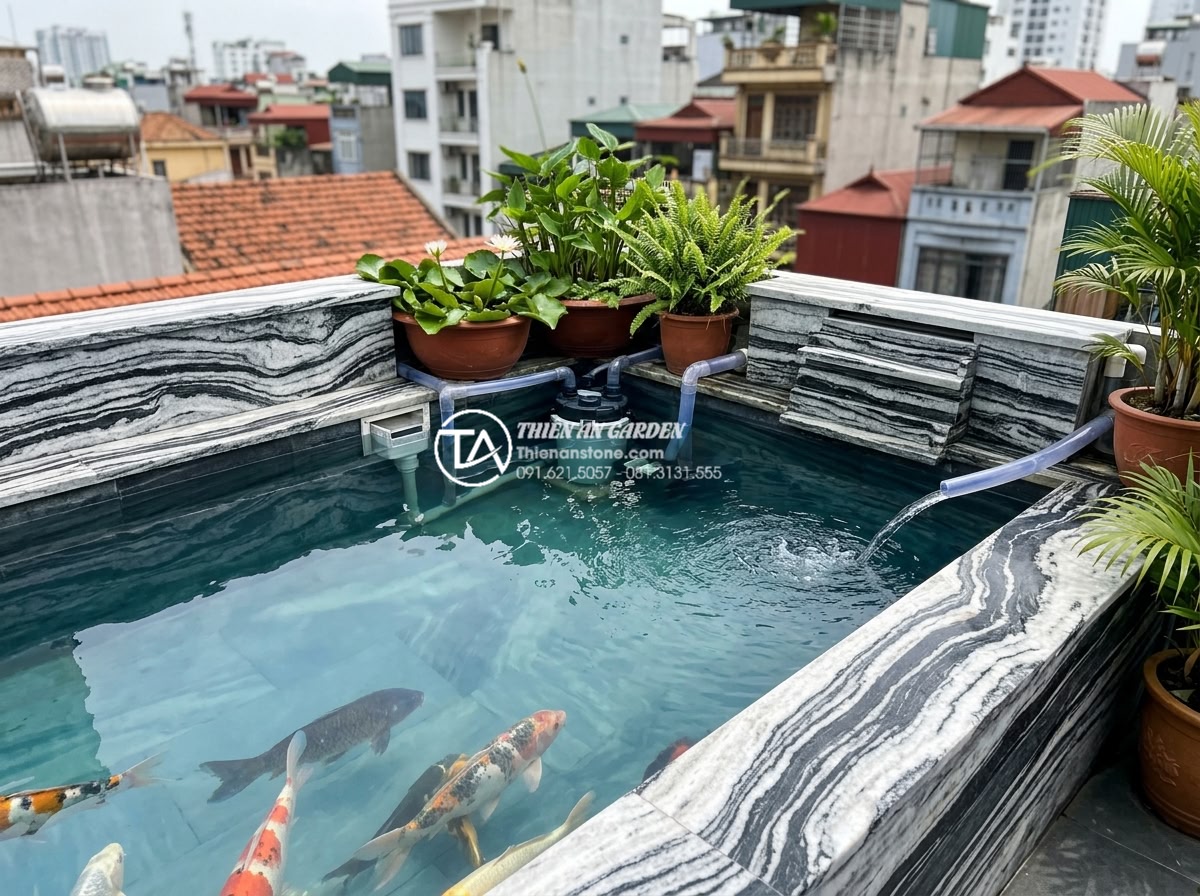 Cách chọn máy bơm và lọc cho thác nước sân thượng không gây tiếng ồn - Clean water filtration process in rooftop koi pond setup with natural stone bord