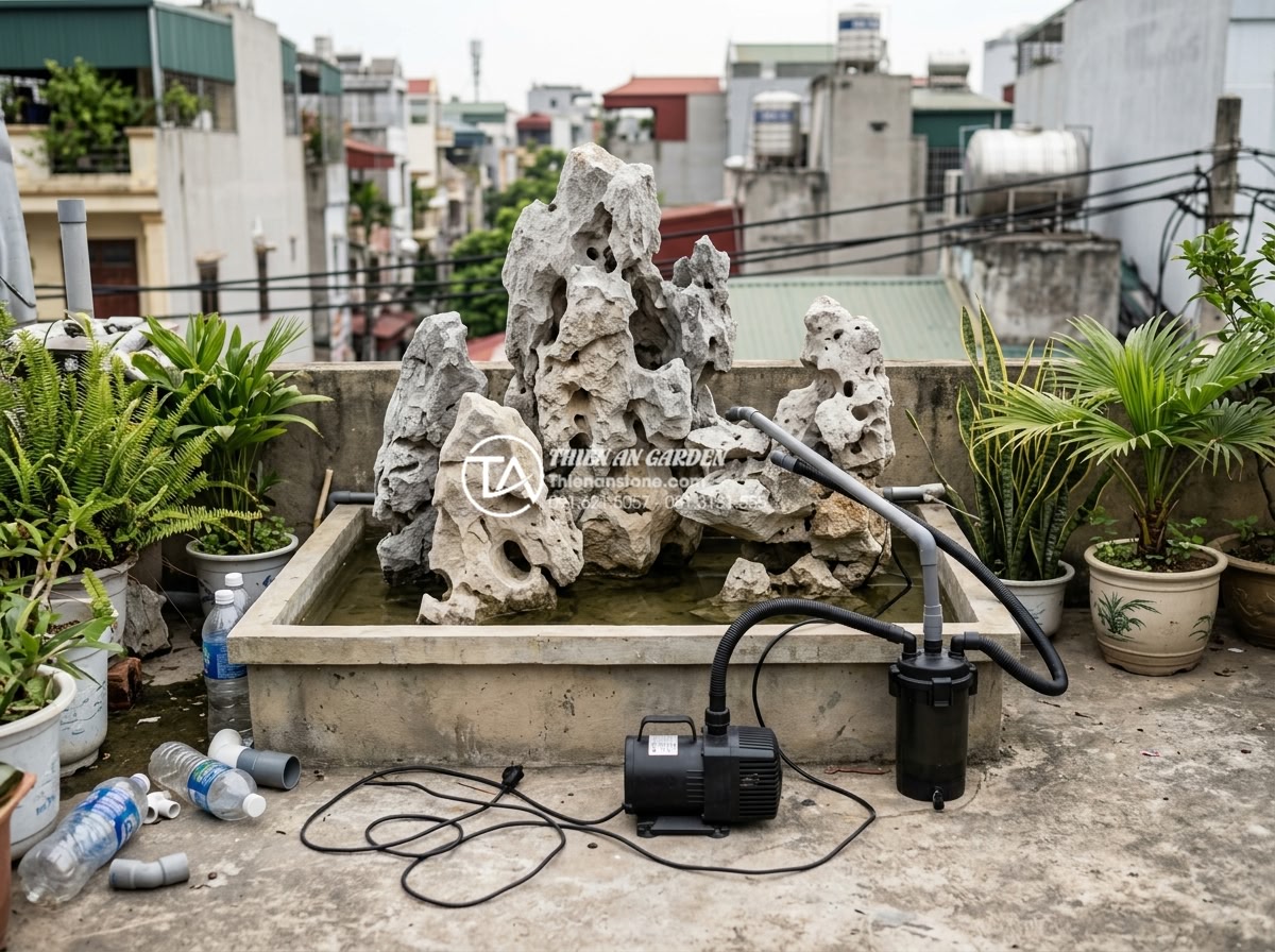 Cách chọn máy bơm và lọc cho thác nước sân thượng không gây tiếng ồn - Common mistakes illustrated in rooftop pump filter setups leading to noise issue