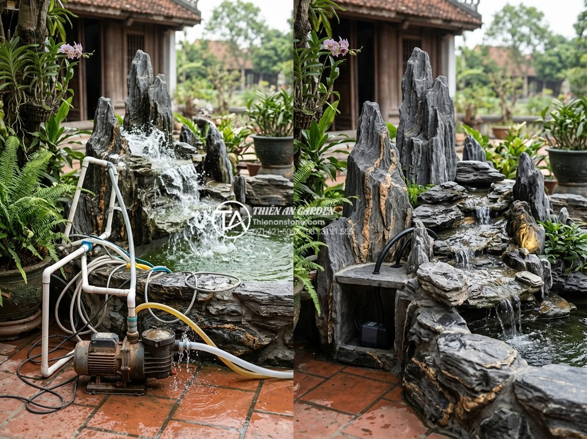 Cách chọn máy bơm và lọc cho thác nước sân thượng không gây tiếng ồn - Correct vs incorrect equipment choices for quiet terrace waterfall systems