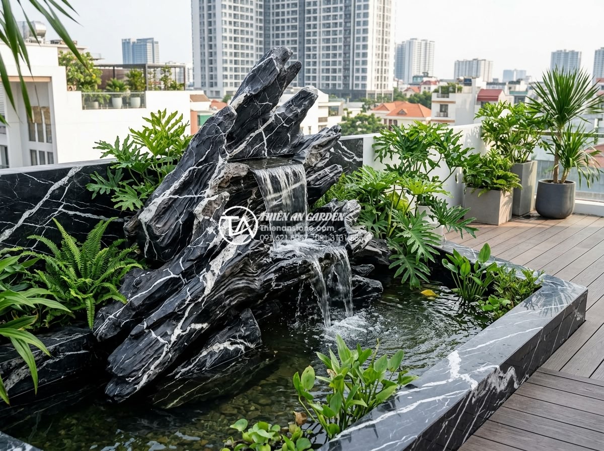Cách chọn máy bơm và lọc cho thác nước sân thượng không gây tiếng ồn - Professional landscape project by Da Canh Thien An featuring quiet waterfall on 