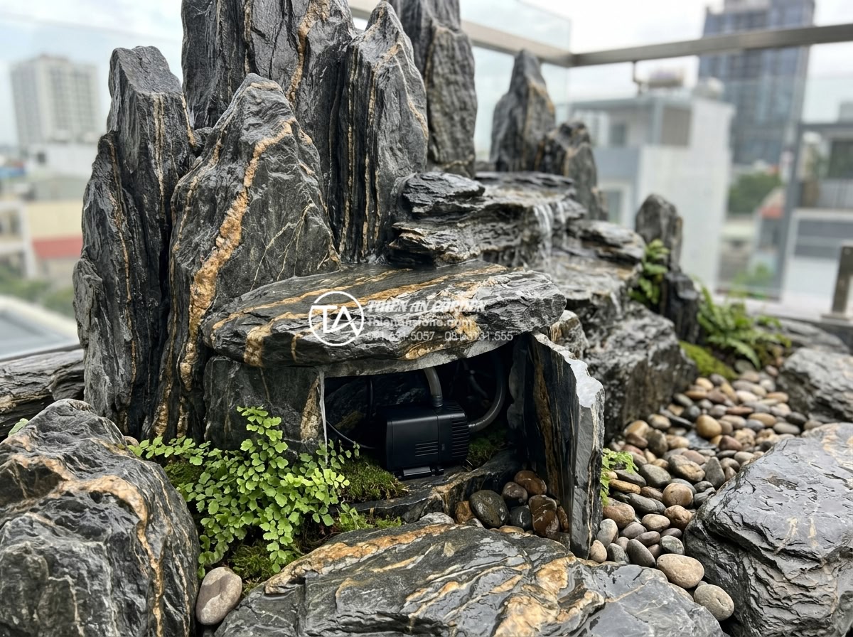 Cách chọn máy bơm và lọc cho thác nước sân thượng không gây tiếng ồn - Installation example of mini pump hidden beneath natural stone waterfall on urba