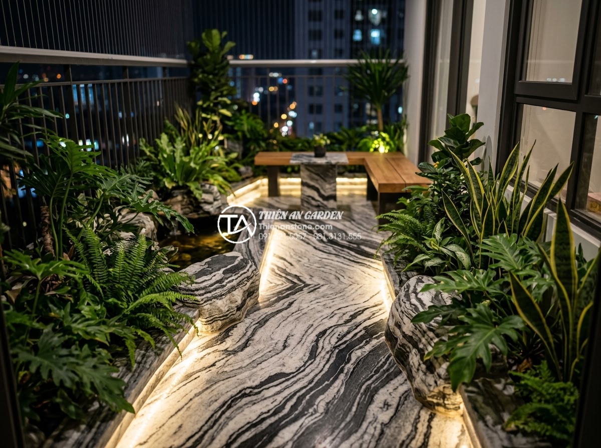 Cách lắp đặt hệ thống đèn led âm đá cho tiểu cảnh ban công lung linh về đêm - Beautiful modern balcony mini garden with natural stones and warm recessed LED l