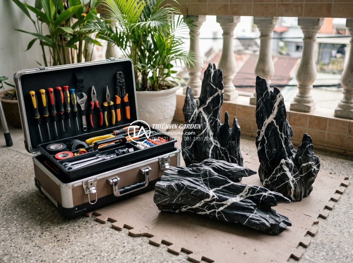 Cách lắp đặt hệ thống đèn led âm đá cho tiểu cảnh ban công lung linh về đêm - Organized toolbox and stone samples ready for professional balcony landscape LED
