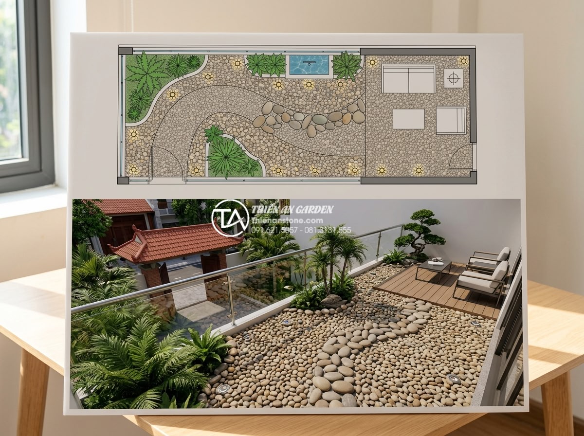 Cách lắp đặt hệ thống đèn led âm đá cho tiểu cảnh ban công lung linh về đêm - Detailed blueprint and 3D design layout for balcony stone landscape with marked 