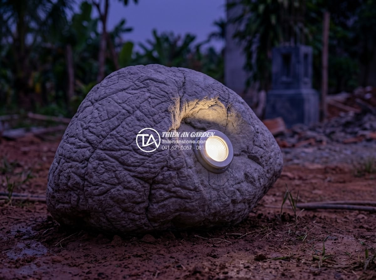Cách lắp đặt hệ thống đèn led âm đá cho tiểu cảnh ban công lung linh về đêm - Step-by-step installation process showing drilling stone and embedding LED fixtu