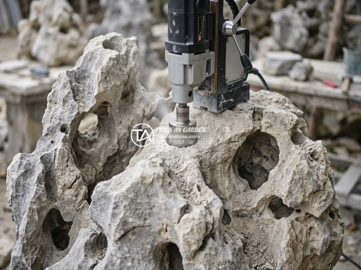 Cách lắp đặt hệ thống đèn led âm đá cho tiểu cảnh ban công lung linh về đêm - Technician using diamond drill to create precise holes in natural stone for LED 