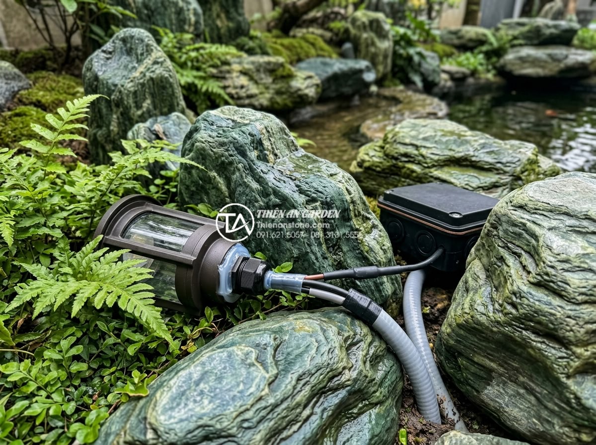 Cách lắp đặt hệ thống đèn led âm đá cho tiểu cảnh ban công lung linh về đêm - Professional waterproofing techniques applied to LED fixtures and wiring in ston